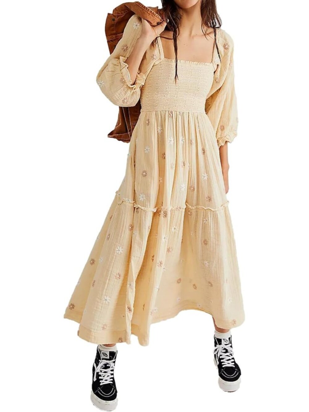 Women Floral Embroidered Maxi Dress Long Puff Sleeve Square Neck Bohemian Flowy
